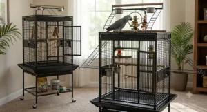 Budget-friendly large parrot cage with an interactive playtop area, exterior ladders, and wooden perches.