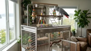 Illustration of a playtop stainless steel parrot cage featuring an exterior top perch, ladders, and toy hooks for African Greys.