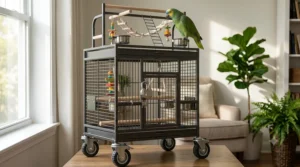Illustration of a top rated amazon parrot cage mounted on a rolling stand with locking wheels.
