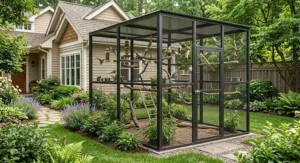 Spacious outdoor walk-in flight cage for small birds surrounded by a backyard garden