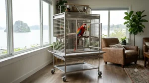 Graphic illustration of a mobile stainless steel parrot cage on a heavy-duty rolling stand with locking caster wheels.