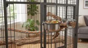 Interior view of a macaw cage showing secure food dishes and natural wood perches.
