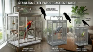 Dimensions and size comparison infographic for a stainless steel parrot cage matching appropr