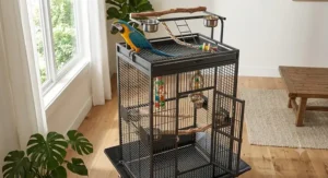 Durable wrought iron playtop macaw cage featuring perches and stainless steel feed bowls.