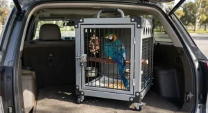 Heavy duty travel cage and transport carrier tailored for a large blue and gold macaw.