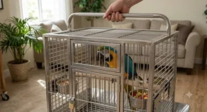Compact travel size stainless steel macaw cage with a top handle for safe veterinary or road trip transport.
