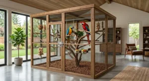 Walk in macaw cage equipped with a double door safety entry to prevent parrot escape