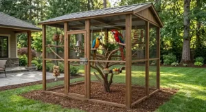 Weatherproof outdoor walk in bird aviary providing shelter and flight space for macaws