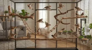 A flock of zebra finches flying between perches inside a large indoor flight cage for finches.