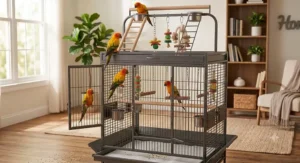 Open view of a large play top cage under 200 with dual perches and removable tray