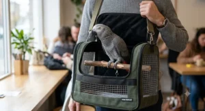 African Grey parrot sitting calmly in a canvas travel bag with stainless steel mesh sides