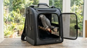 Lightweight travel carrier with a natural wooden perch designed for medium to large parrots