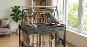 African Grey parrot playing on top of a play top cage in an American living room