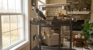 Content African grey parrot perched comfortably on the top play area of a powder-coated metal bird cage.