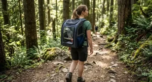 Owner wearing a backpack-style parrot travel cage with a clear view window on a outdoor trail