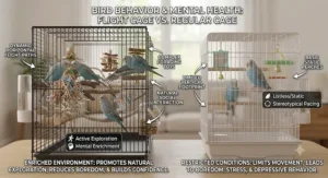 Visual guide demonstrating bird activity and mental enrichment in a flight cage compared to a regular cage.