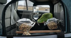 Spill-proof food and water dishes mounted inside a bird carrier for long car rides.