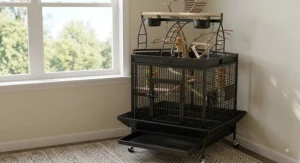 Black metal play top bird cage with easy-clean pull-out trays and secure door locks.