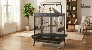 Affordable large cockatiel cage featuring an interactive top playstand and food bowls