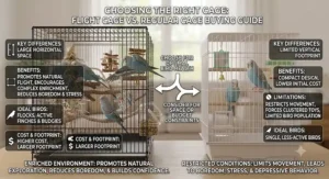 Infographic summarizing key differences when deciding between a flight cage vs regular cage for small birds.