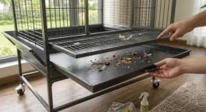 Slide-out bottom tray and grate on a rolling play top cage for easy cleaning