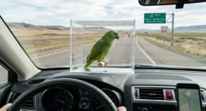 Clear acrylic bird travel carrier positioned in a car showing a pet bird enjoying the scenery during a highway drive.