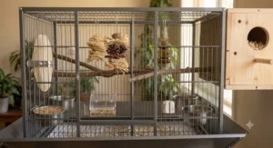 Recommended interior layout of a breeding cage for cockatiels with cuttlebone water dishes and foraging toys