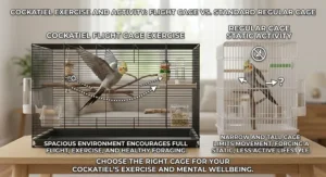 Illustration of a cockatiel exercising across a spacious flight cage versus sitting static in a regular cage.