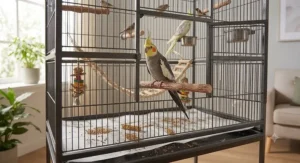 Illustration of a colorful cockatiel perched inside a durable wrought iron tall flight cage.