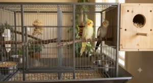 Male and female cockatiel pair perched inside a clean metal breeding cage beside their nesting box entry