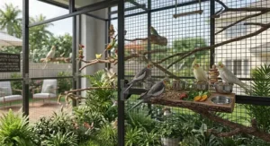 Cockatiels perched inside a walk in flight cage next to a built-in feeding tray