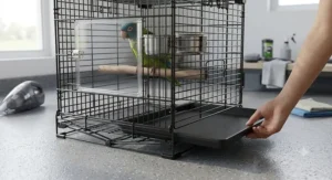 Removable bottom tray sliding out of a collapsible bird travel cage for easy cleaning
