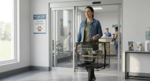 Pet owner carrying a collapsible bird travel cage into a veterinary clinic for a routine checkup