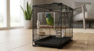 Small parrot sitting comfortably inside a lightweight collapsible bird travel cage