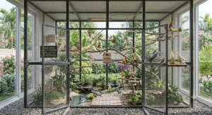 Large custom walk in flight cage housing multiple bird species in a room-sized sanctuary