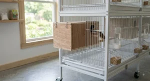 Finch breeding cage system with an externally attached wooden nest box