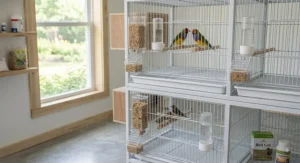 Finch breeding cage system fitted with external seed cups and water dispensers