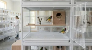 Finch breeding cage system interior layout illustrating perch and nest box placement