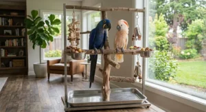 Heavy duty metal t-stand engineered for large macaws and cockatoos