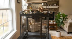 Heavy-duty steel play top cage suitable for African greys with slide-out tray for easy cleaning.
