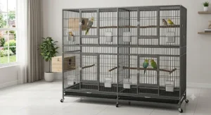 Heavy duty wrought iron bird breeder cage with feeder doors and a rolling stand.