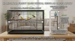 Comparison highlighting horizontal flying space in a flight cage versus vertical layout in a regular bird cage.