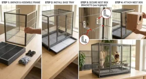 Illustration showing assembly steps for a wire breeding cage for cockatiels highlighting nest box mounting brackets
