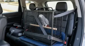Step-by-step setup showing a seatbelt strapped around an African Grey travel cage for car safety