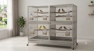 Indoor bird breeder cage setup equipped with wood perches and outside access feeder cups.