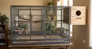 Large indoor breeding cage for cockatiels equipped with a removable center divider and dual access doors