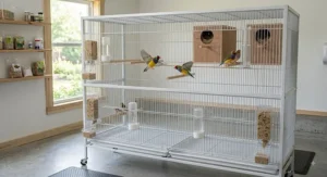 Indoor finch breeding cage system providing ample flight space for pair nesting