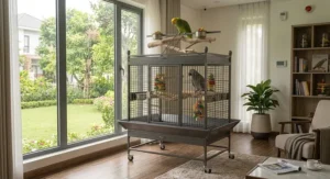 Rolling play top cage set up near a window in an American living room