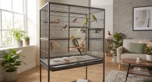 Illustration of a modern tall flight cage styled inside an American home living room.
