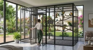 Large indoor walk in flight cage equipped with natural wood perches and bird toys